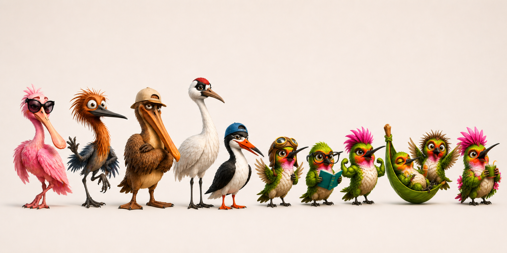 All 11 birds — the Hummingbird Crew and the Coastal Crew